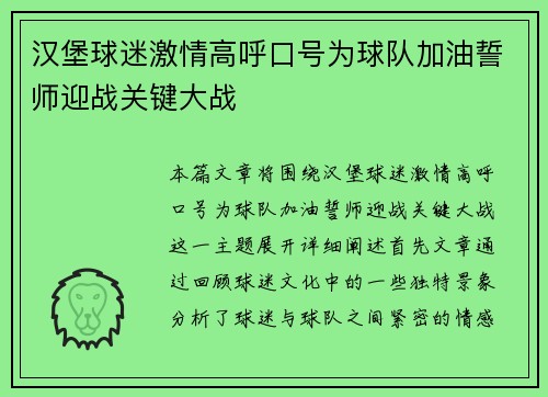 汉堡球迷激情高呼口号为球队加油誓师迎战关键大战