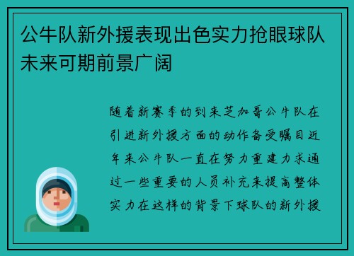 公牛队新外援表现出色实力抢眼球队未来可期前景广阔